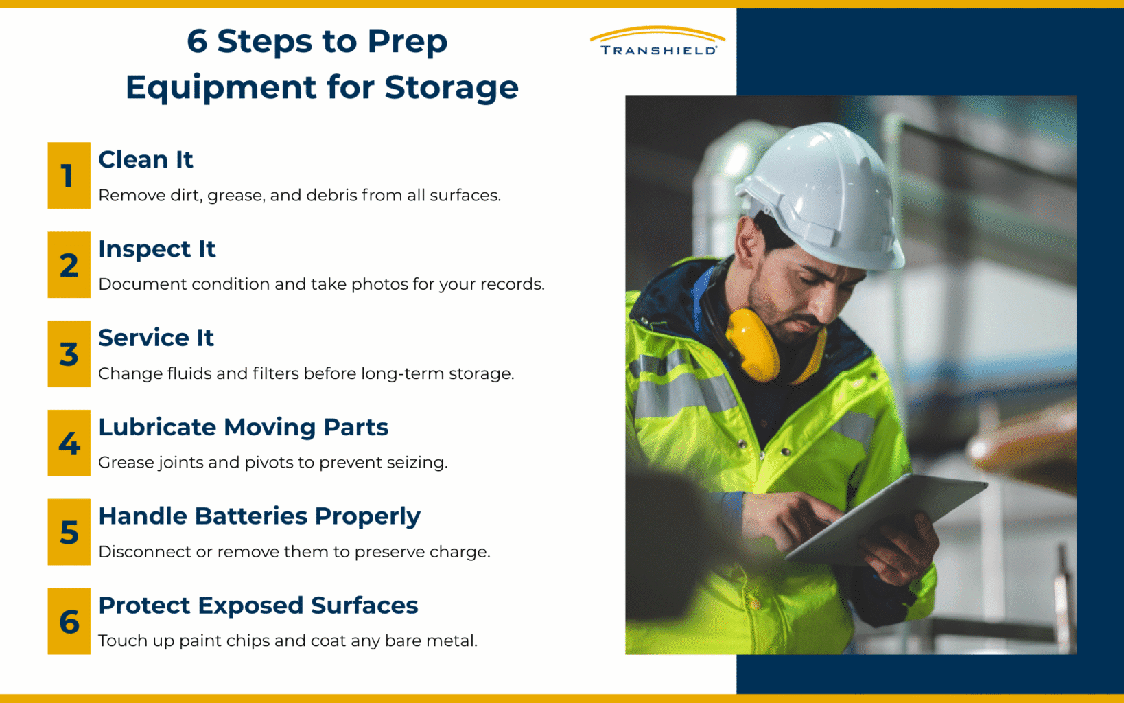 6 Steps to Prep Equipment for Storage Infographic