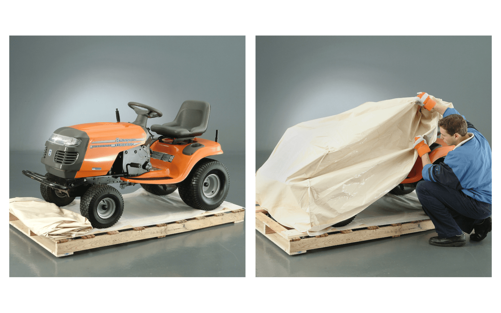 A Man Covering an Orange Tractor with a Protective Cover