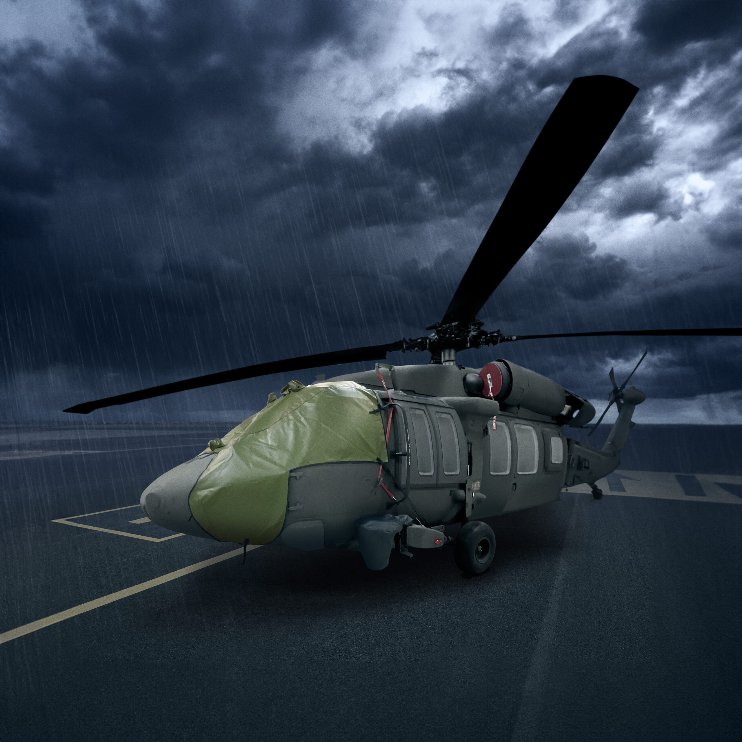 helicopter being protection from hail from a Hail Protection Cvoer